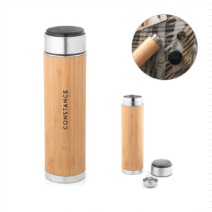 Garrafa Térmica em Aço Inox e Bambu com Termômetro Digital